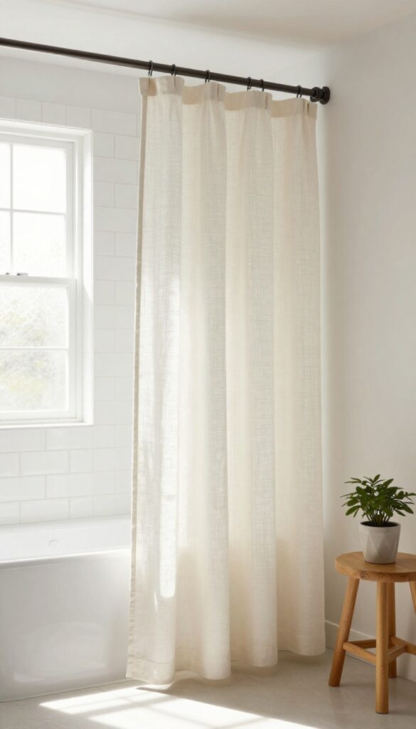 Curved shower curtain rod with soft linen curtain in a bright small bathroom