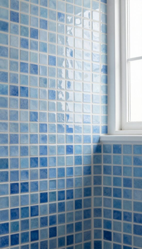 Close-up of a shower wall with monochromatic blue mosaic tiles in a gradient effect, transitioning from dark to light shades under natural light.