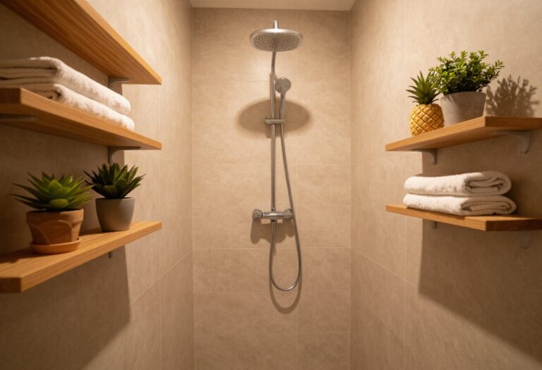 Stylish small quadrant shower room with warm tiles, wood accents, and floating shelves in a cozy bathroom layout.