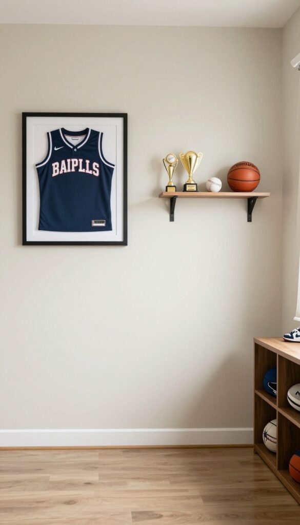 A stylish sports-themed bedroom for a teenage boy with framed memorabilia and neutral decor