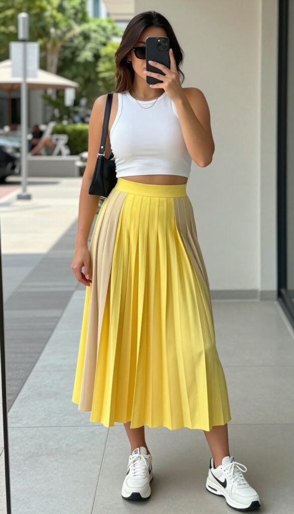 A woman wearing a crop top and high-waisted pleated skirt outfit for summer, styled with chunky sneakers and accessories in a bright outdoor setting.