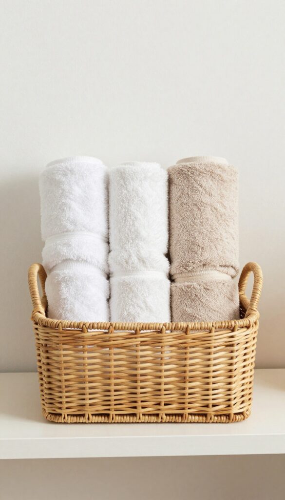A bathroom shelf with rolled towels in a small woven basket for relaxed boutique hotel decor.