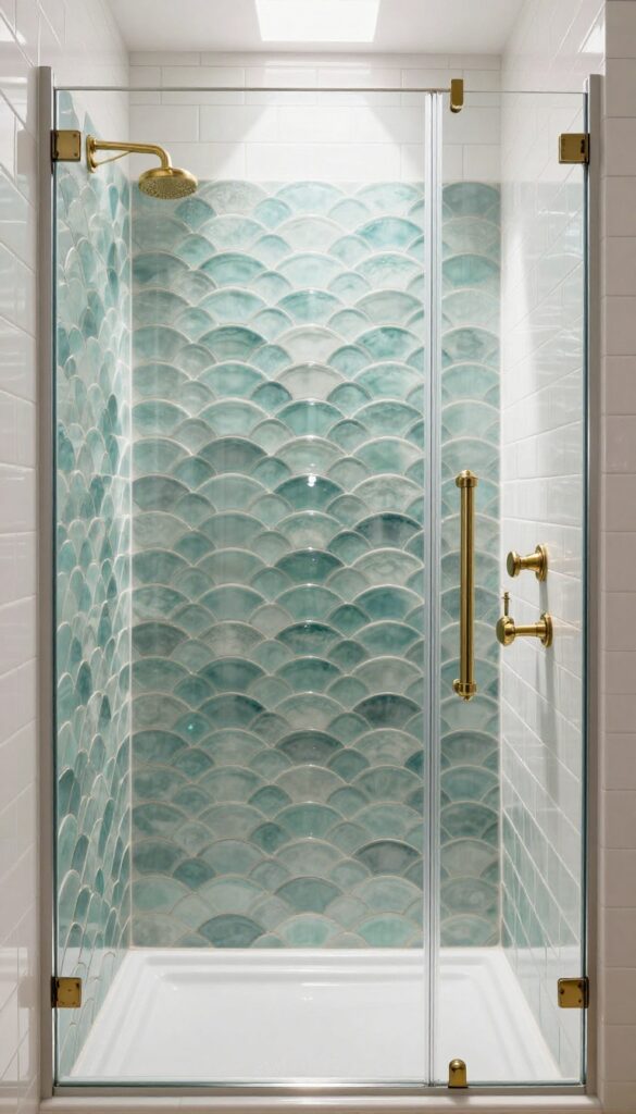 Fish scale tile accent wall in a coastal shower with white subway tiles and brass fixtures