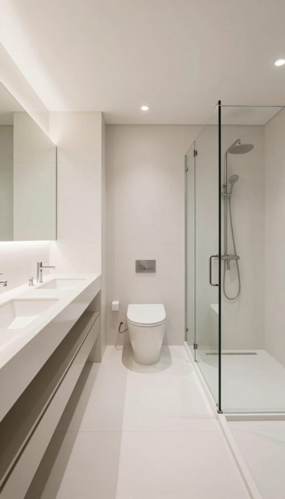 A walk-through layout in a rectangle bathroom showing fixtures in sequence: vanity near entrance, toilet in middle, and shower at far end for balanced flow.