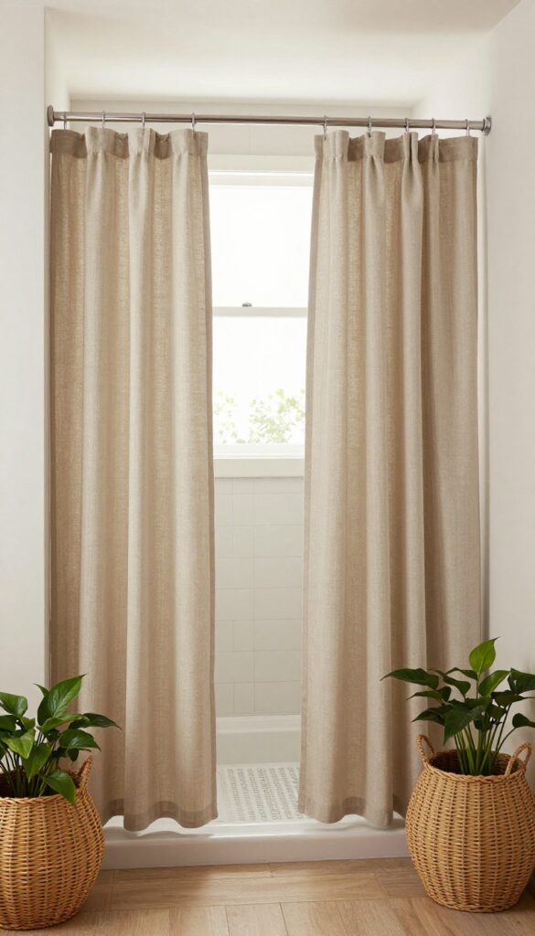 A walk-in shower with curtains featuring woven bamboo details, showcasing natural warmth and texture in a bright, relaxed bathroom setting with light wood tones and greenery.