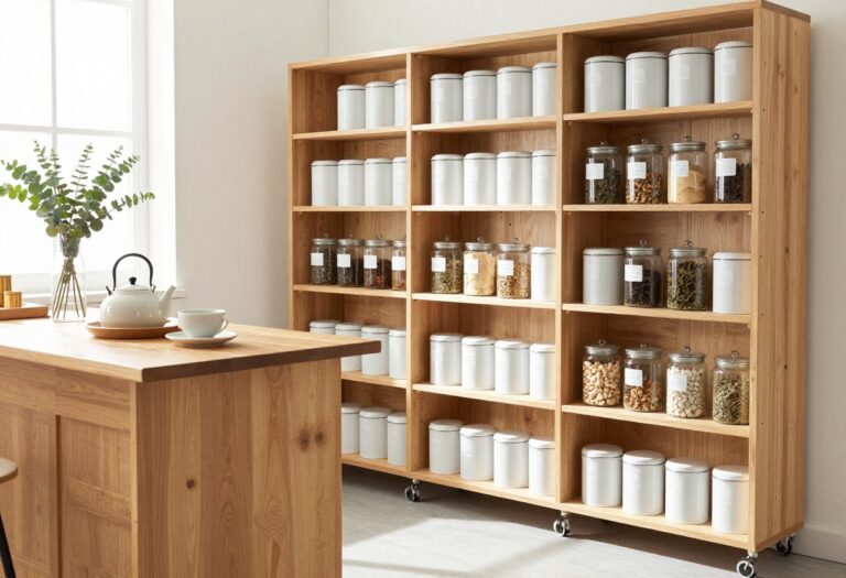 A cozy kitchen with open shelving, a tea station cart, and neatly organized canisters in warm natural light.