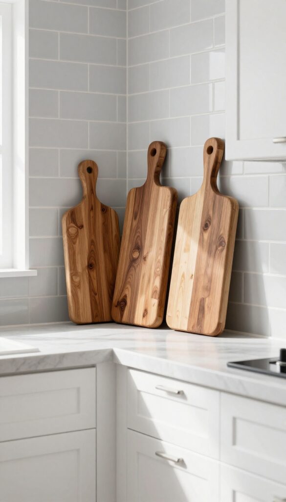 Vintage wooden cutting boards leaned vertically above kitchen cabinets as decor