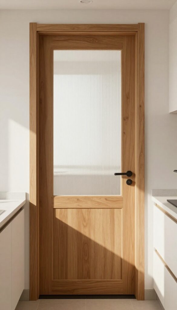 Kitchen door with frosted glass insert letting in natural light