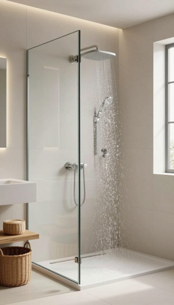 A luxurious frameless glass shower door with a rainfall showerhead in a bright, modern bathroom, featuring neutral tiles and natural textures for a relaxing spa-like vibe.