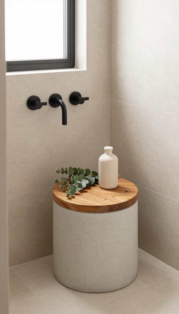 Round concrete stool with wood top in a corner shower with stone tile and matte black fixtures
