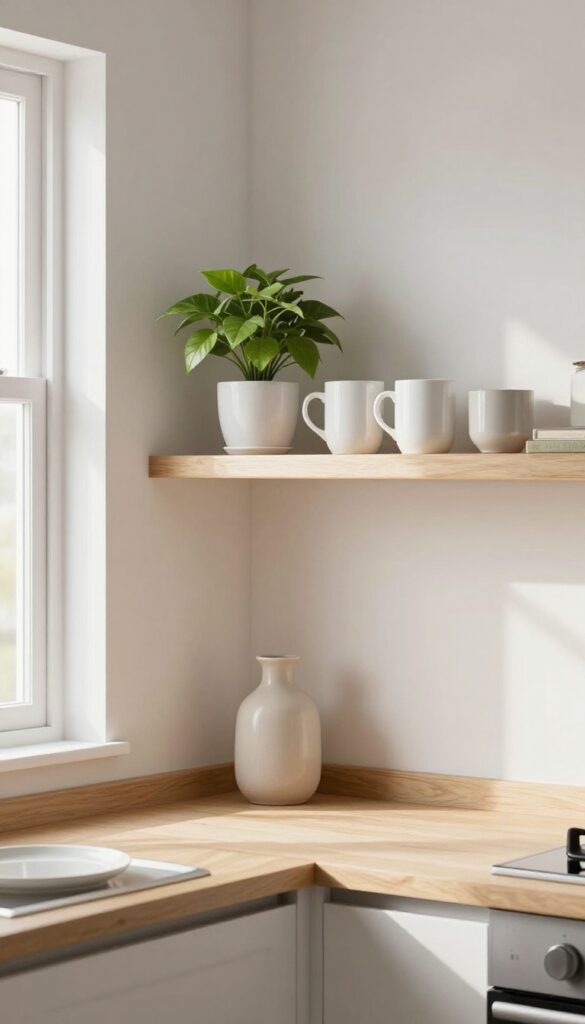 Slim floating shelf above a breakfast bar with mugs, plant, and cookbook.