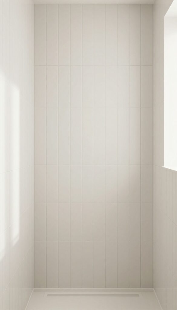 Vertical stack tile pattern in a bathroom shower creating height illusion with clean lines and natural light
