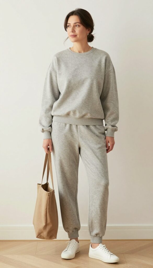A woman wearing a neutral matching lounge set with white sneakers, holding a tote bag, standing in a bright living room. The outfit is casual and coordinated for everyday mom style.