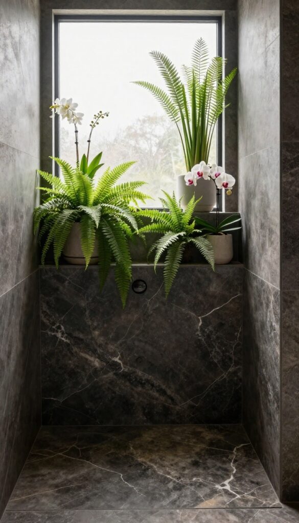 A walk-in onyx shower with natural light and green plants like ferns and orchids on shelves, softening the stone's look for a fresh, spa-like bathroom decor.