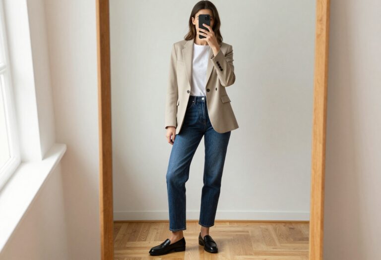Woman in beige blazer and dark straight-leg jeans taking a mirror selfie, showcasing a casual professional outfit.