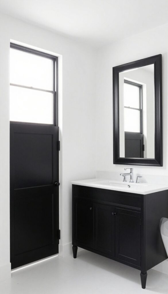 A bright bathroom with white walls and black trim on doors and windows, showcasing a clean contrast in home decor.