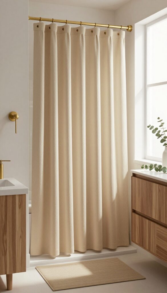 Modern bathroom with ribbed taupe shower curtain, wood accents, and gold fixtures.