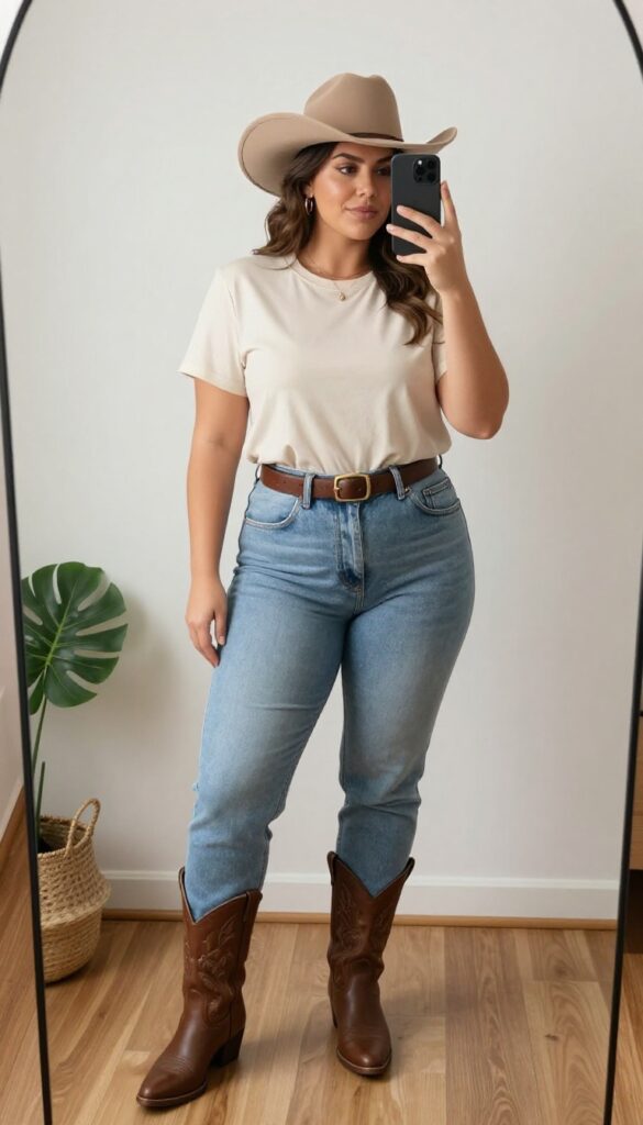 Plus-size woman in neutral outfit with cowgirl hat, taking a mirror selfie. She wears a cream tee, light-wash jeans, brown boots, and a tan hat, with minimal accessories.