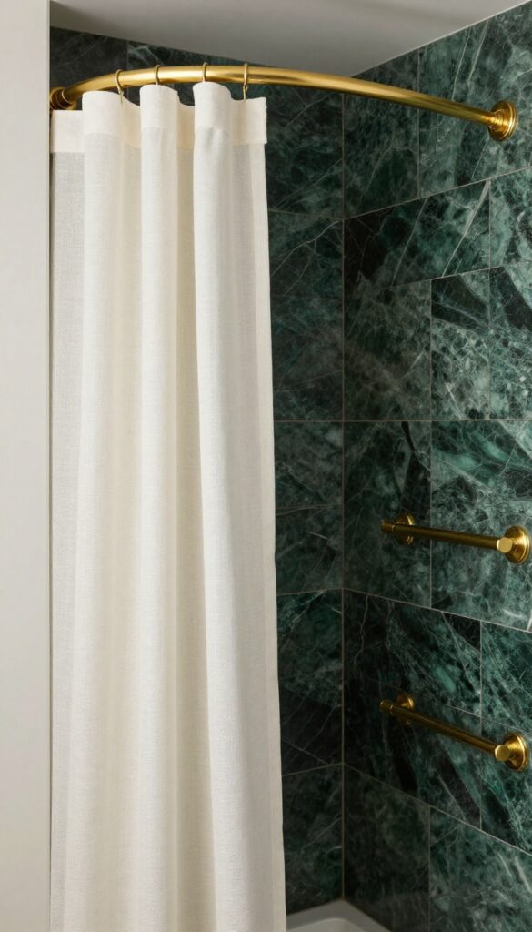 A gold curved shower curtain rod in a luxurious bathroom with marble surfaces and dark tiles, reflecting light to create an inviting space.