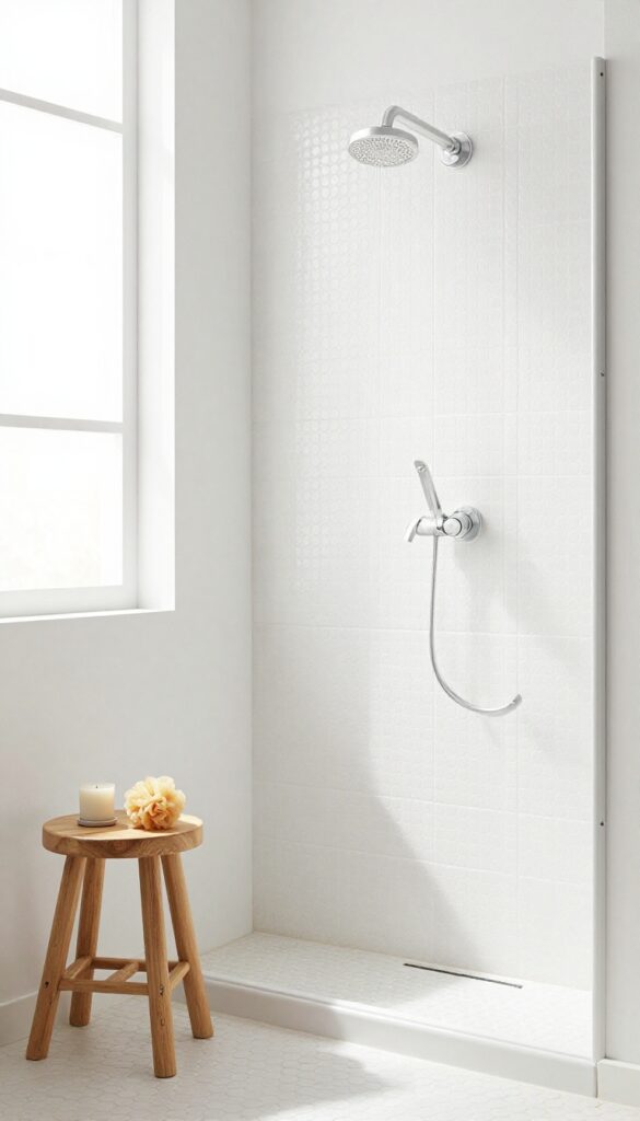 White penny tile shower floor with wooden stool holding candle and loofah