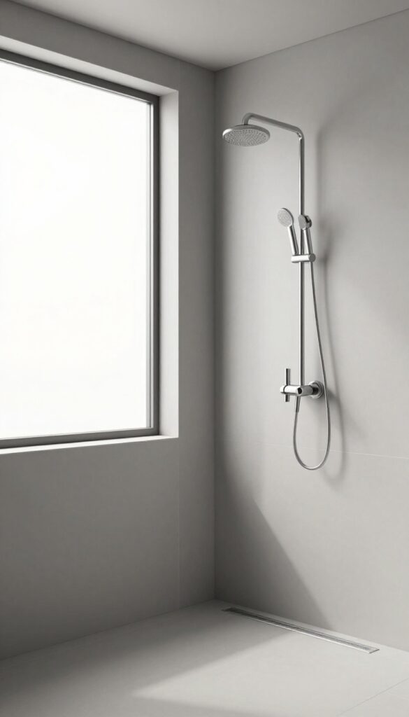 A modern zero-entry shower in a monochromatic gray color scheme with chrome metallic accents, highlighting a sleek and unified design under bright natural light.