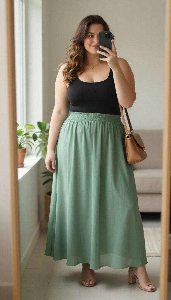 Plus-size woman in a sage green maxi skirt and fitted black top taking a mirror selfie, showcasing a balanced silhouette for date night.
