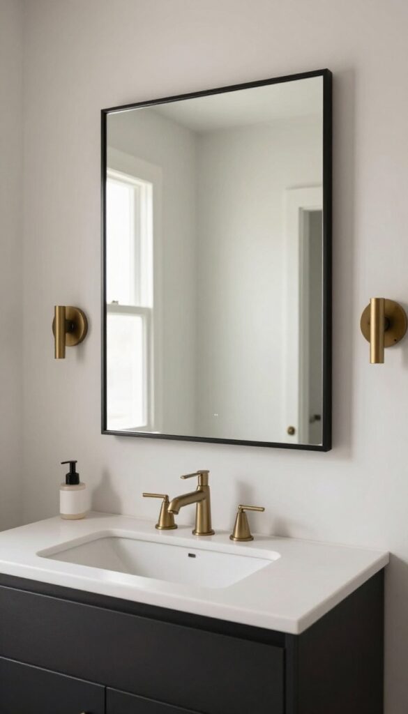 A modern men's bathroom featuring a large framed mirror with a black metal frame above a vanity sink, flanked by wall lighting for a symmetrical and polished look.