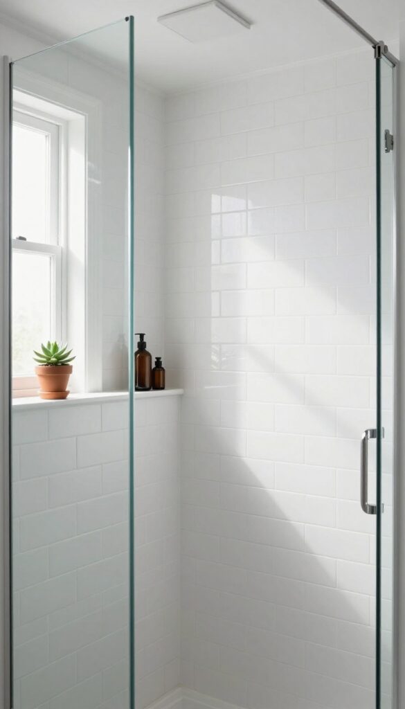Bathroom with half-wall and glass top shower enclosure, tiled ledge with plant and bottle, natural light.