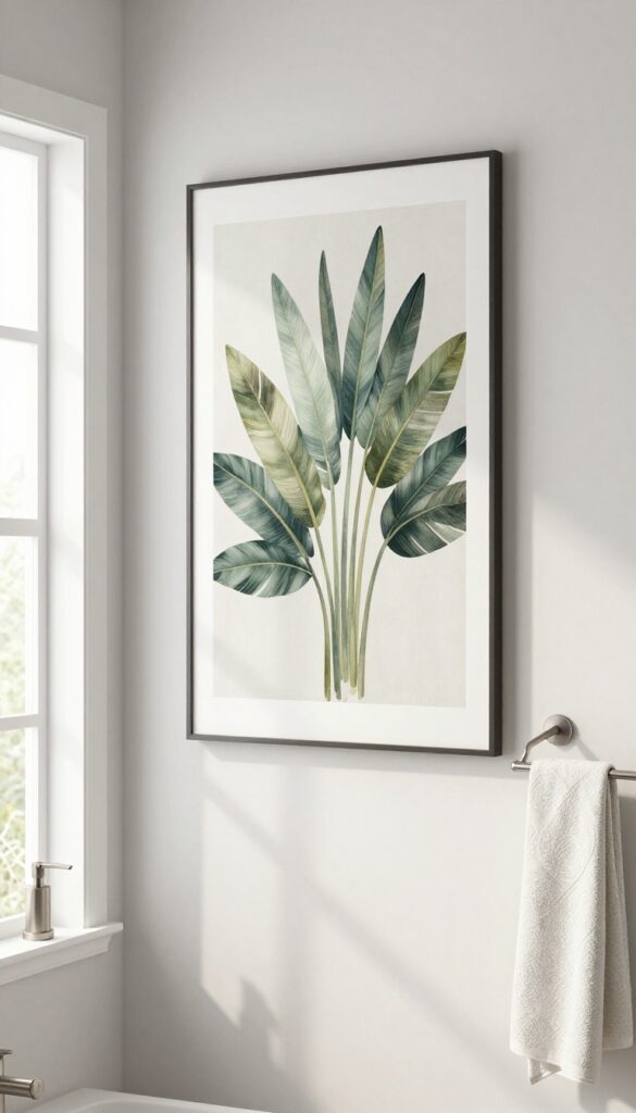 A welcoming guest bathroom with artwork on the wall to add personality and make the space feel lived-in.