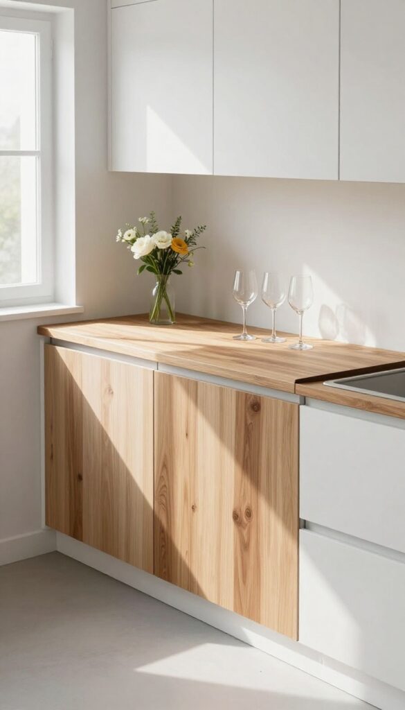 Over-the-sink bar board in a small kitchen with natural wood and fresh flowers.