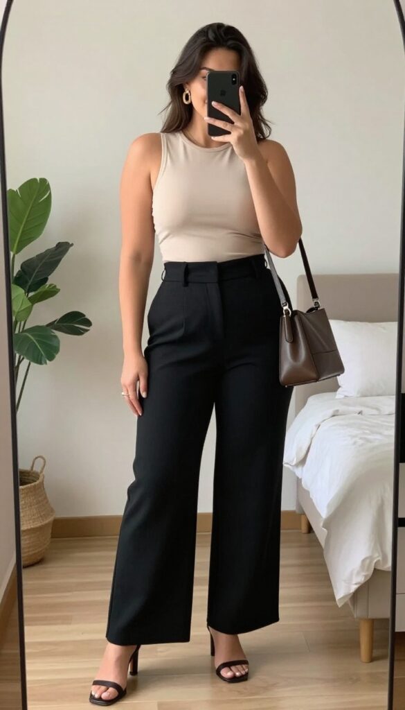 Plus-size woman in high-waisted wide-leg trousers and a fitted crop top, taking a mirror selfie with her phone, wearing minimal heels and a structured handbag, in a bright, clean room.