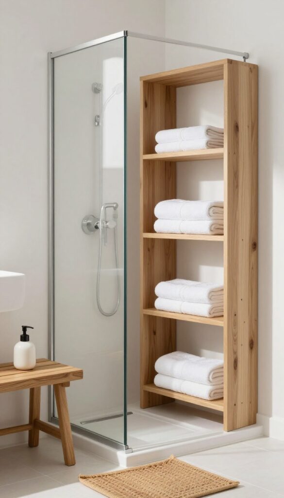 Luxurious towels and accessories arranged near a walk-in spa shower
