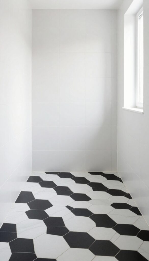 Modern men's bathroom with a bold black-and-white geometric tile floor in a hexagon pattern, showcasing statement flooring as part of bathroom decor ideas.