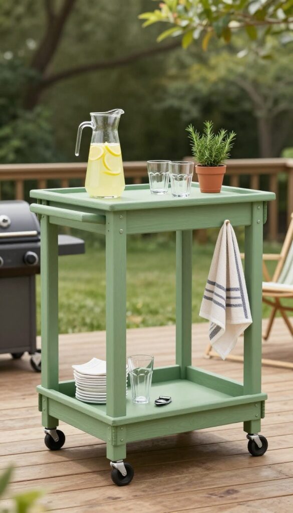 Pallet bar cart painted sage green with drinks and serveware on a sunny patio near grill