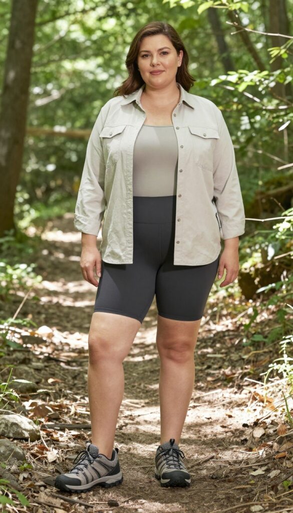 A woman wearing a breathable button-up shirt and cycling shorts for a summer hike, styled with hiking sneakers and minimal accessories in an outdoor trail setting.