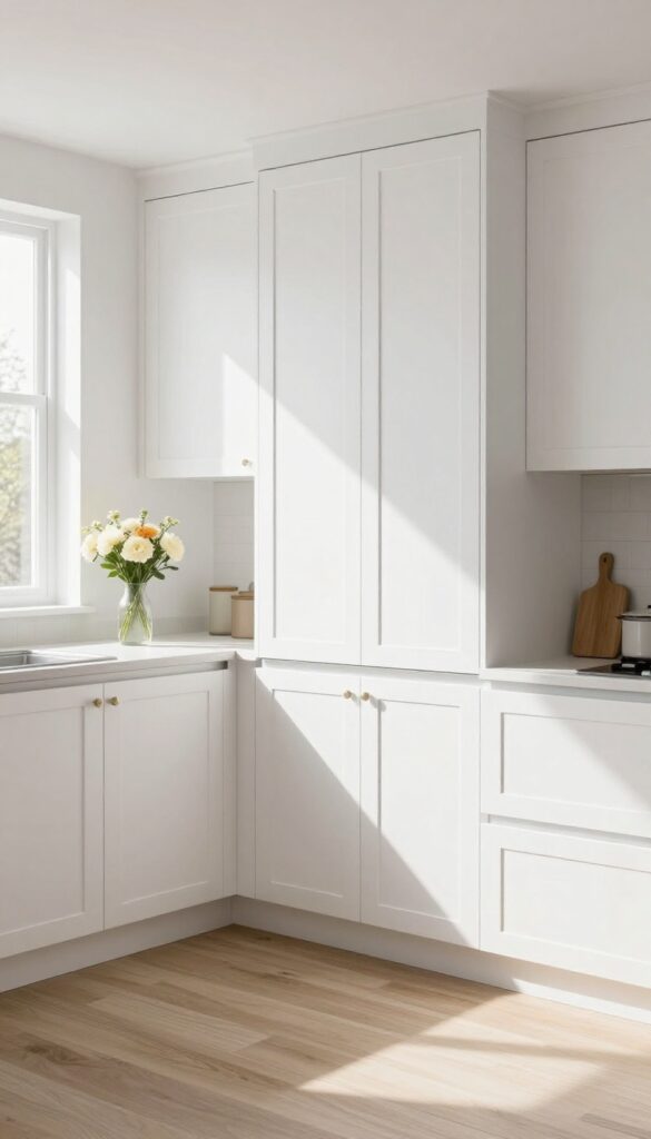 White kitchen cabinets with vertical trim strips creating a custom paneled look, bright natural light.