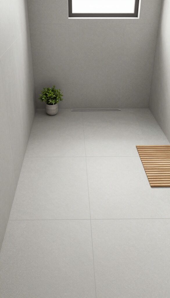 A modern bathroom shower floor featuring large-format gray matte tiles with minimal grout lines, creating a seamless and open look, complemented by a wooden bath mat and greenery for texture.