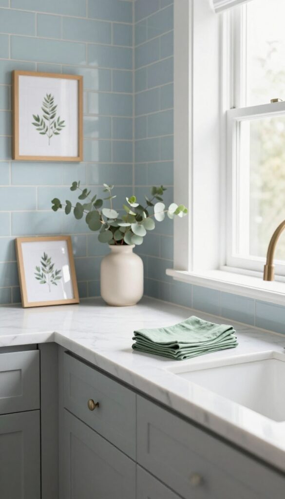 A framed botanical print leaning against a kitchen backsplash on a marble countertop, with eucalyptus and linen napkins nearby.