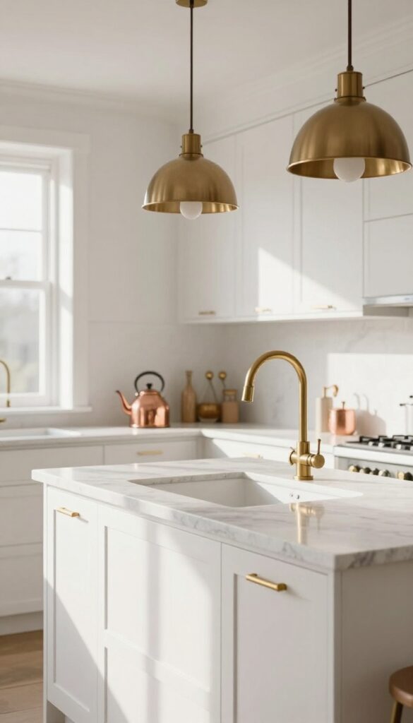 White kitchen with warm brass faucet and copper accents under natural light