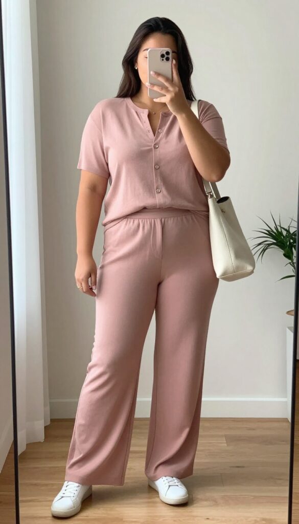 Plus-size woman in a matching two-piece set taking a mirror selfie, wearing sneakers and a tote bag, with natural makeup and minimal jewelry in a bright, modern room.