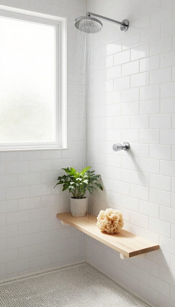 Small shower with a slim teak bench featuring a plant and loofah, bright natural light, spa-like design.