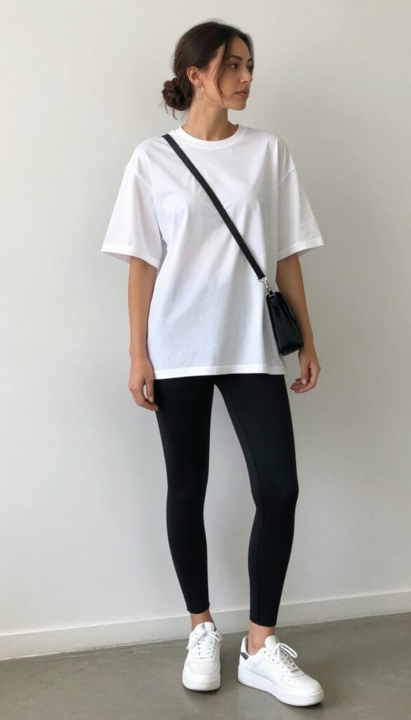 A woman in an oversized white tee and black leggings outfit for summer, styled with sneakers and accessories for a casual, fashionable look.