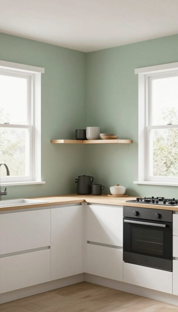 Small parallel kitchen with soft warm sage green walls, natural light, open shelving, and dark accents
