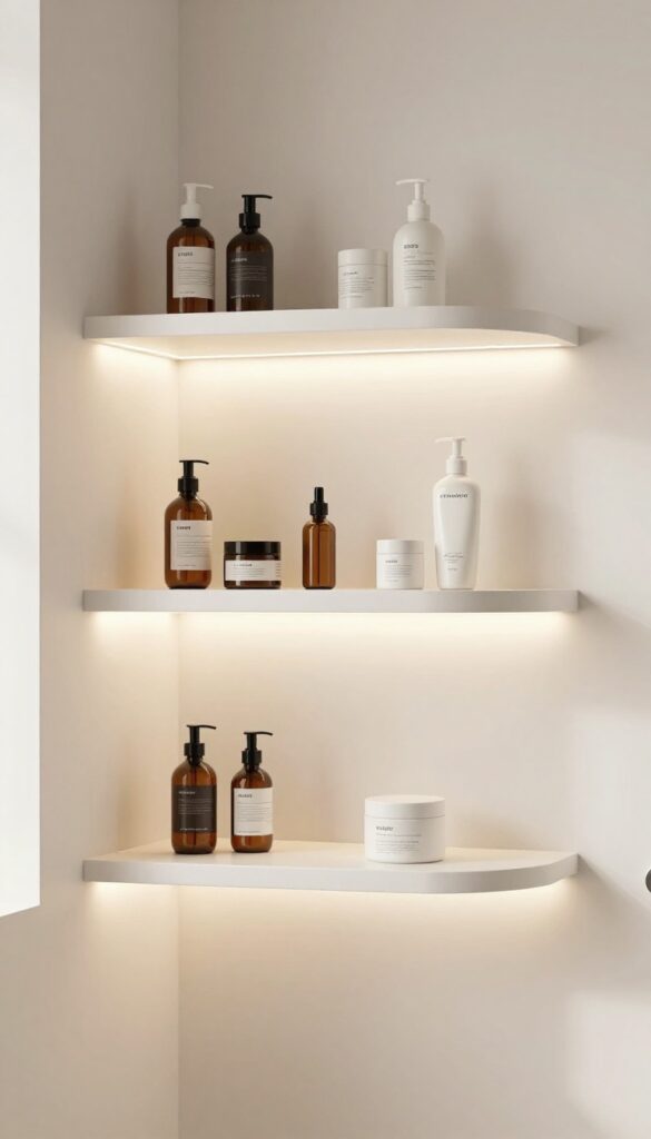A modern basement shower illuminated by warm white LED strip lighting along floating shelves, creating a soft ambient glow in a clean, photorealistic home decor setting.