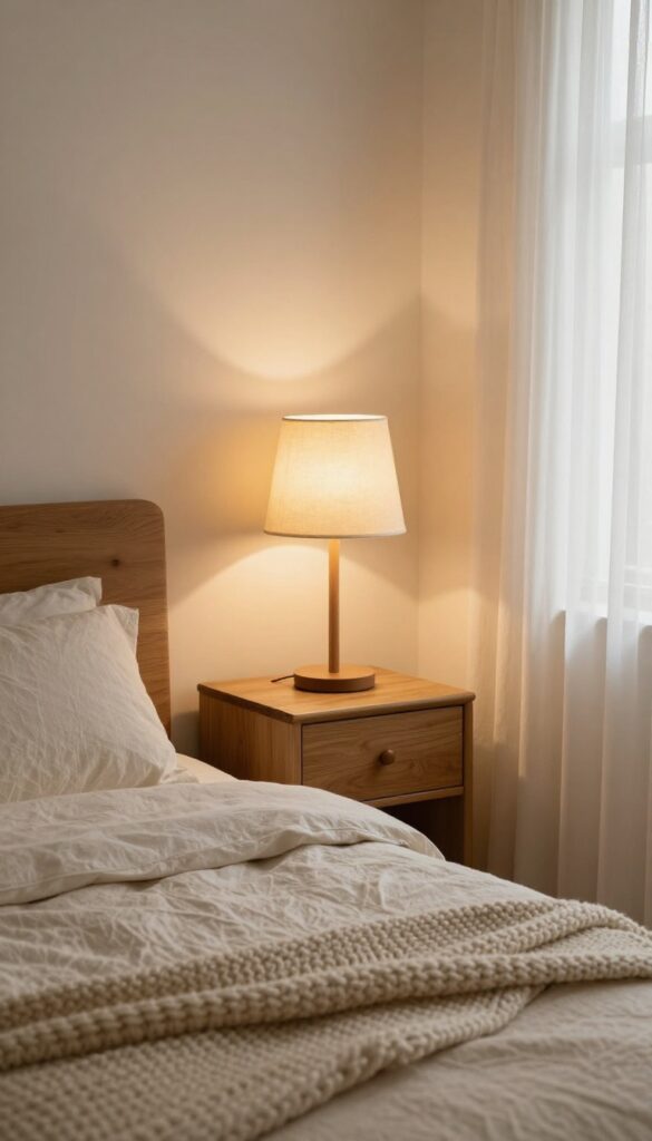 Cozy bedroom with warm layered lighting from table lamp and wall sconce, neutral bedding, soft ambiance.