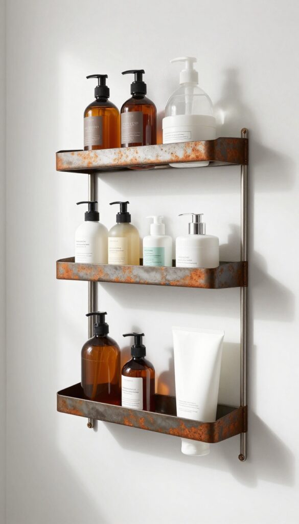 Adjustable shower storage in a kids and guest bathroom, showing organized bottles on shelves with natural lighting.