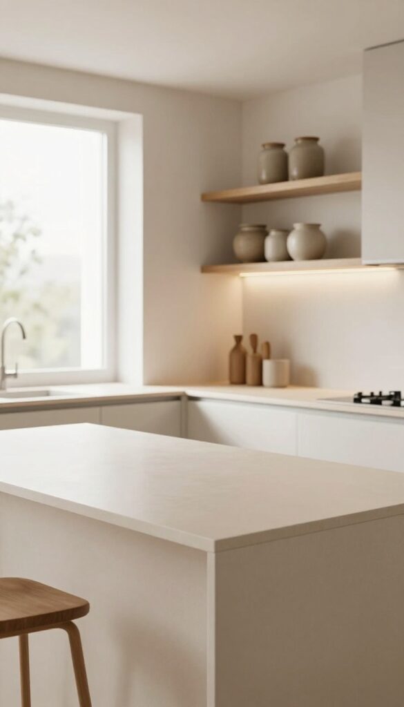 Seamless solid surface countertop integrated with sink in a bright small kitchen