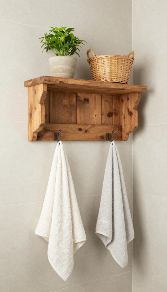 Rustic wooden shower shelf with hooks in a bright bathroom, holding plants and towels for storage and character.