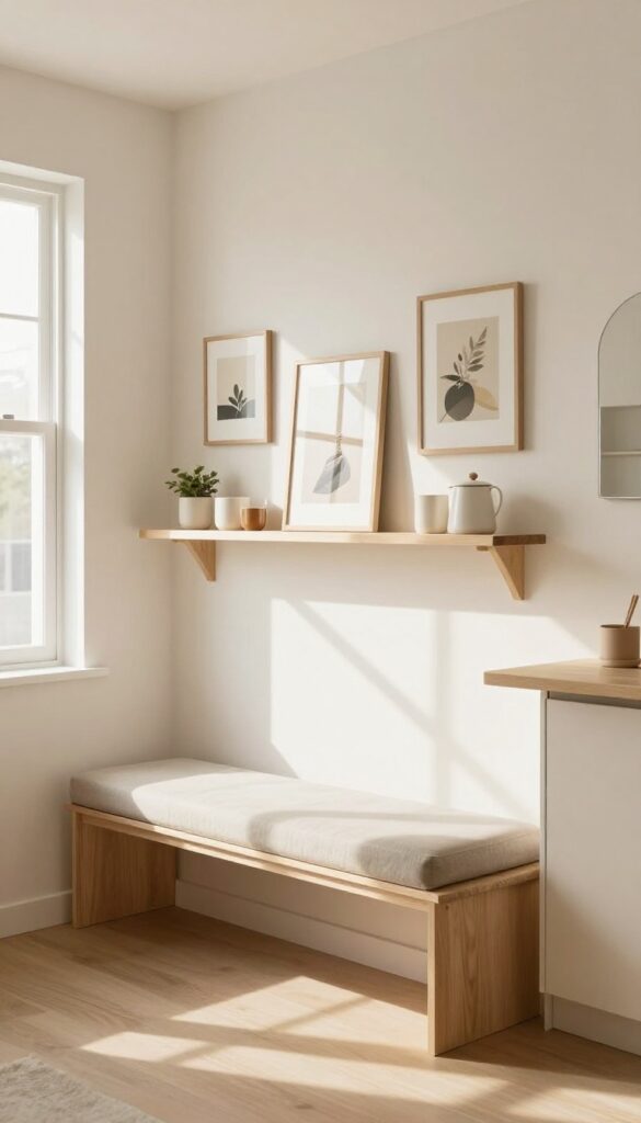 Cozy kitchen nook with floating table and cushioned bench, gallery wall above, bright natural light.