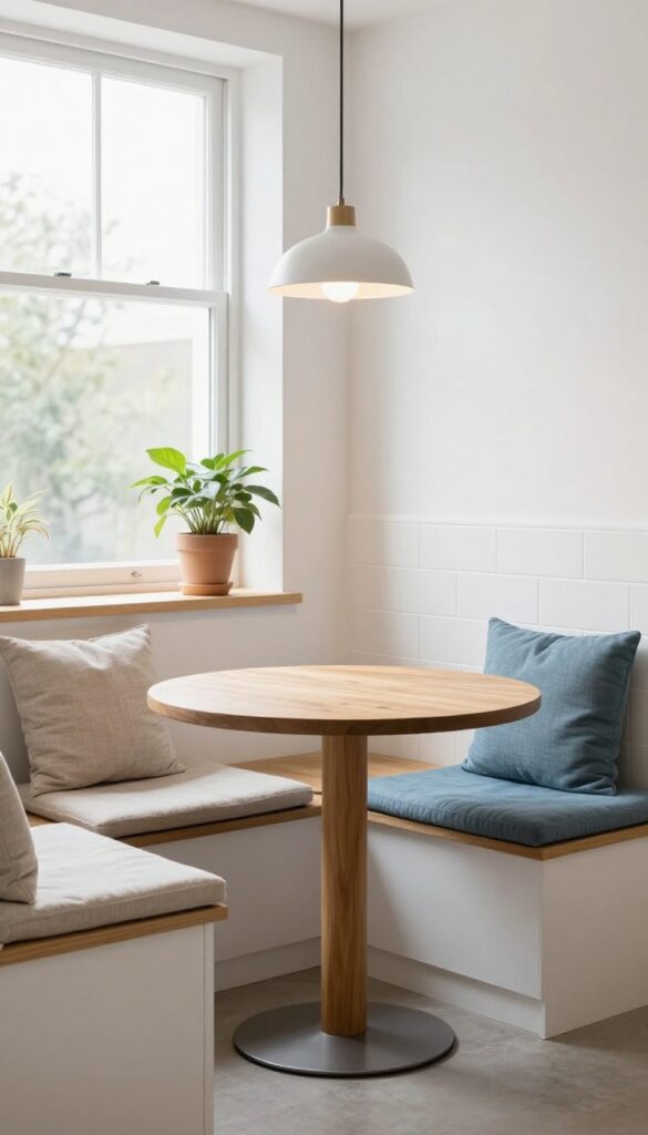 Cozy breakfast nook with small table, bench seating, cushions, and pendant light in a bright kitchen